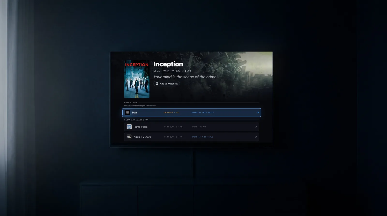 JumpIn on a television in a dark room, showing Inception with Max marked included in 4K and opening at the title