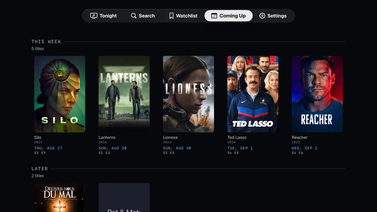 Coming Up tab listing Silo, Lanterns, Lioness, Ted Lasso and Reacher with their air dates and episode numbers