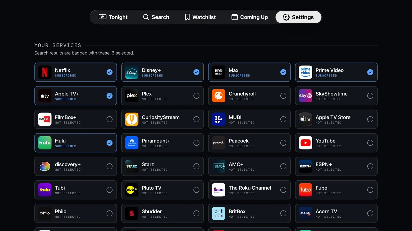 Service picker showing real streaming service logos, six marked subscribed
